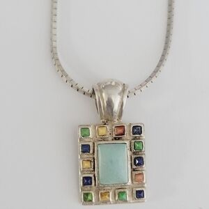 Vintage 925 Sterling Silver Multistone Larimar Coral Lapis Pendant Necklace